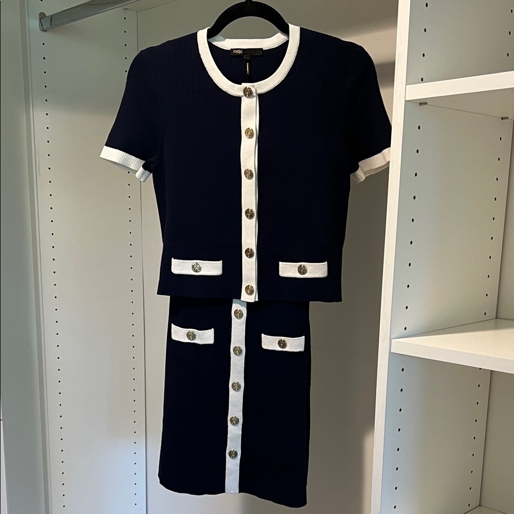 Maje Navy and White Buttoned Dress Set